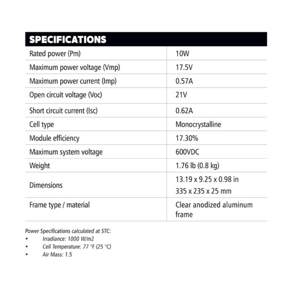 Go Power! 10W Eco solar panel dimensions